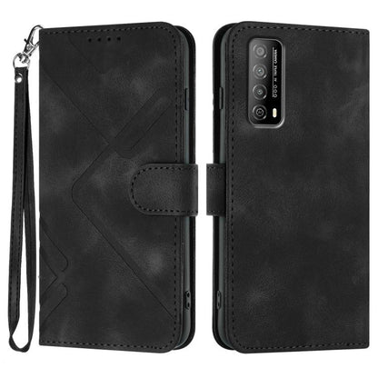 Black leather-style phone case with geometric pattern, flip cover, and wrist strap