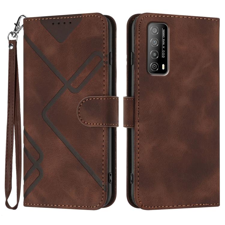 Brown leather-style phone case with geometric pattern, flip cover, and wrist strap