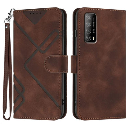 Brown leather-style phone case with geometric pattern, flip cover, and wrist strap