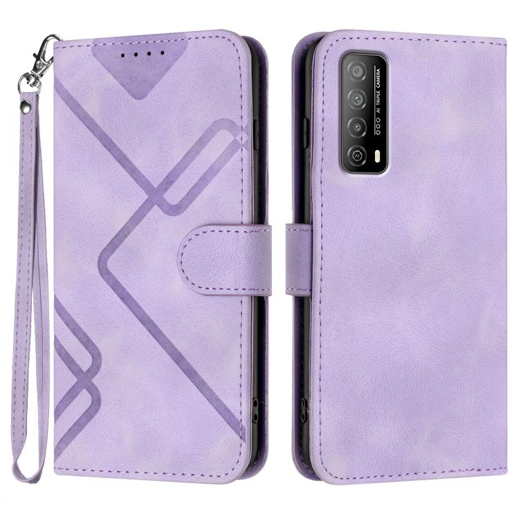 Light purple leather-style phone case with geometric pattern, flip cover, and wrist strap