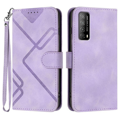Light purple leather-style phone case with geometric pattern, flip cover, and wrist strap