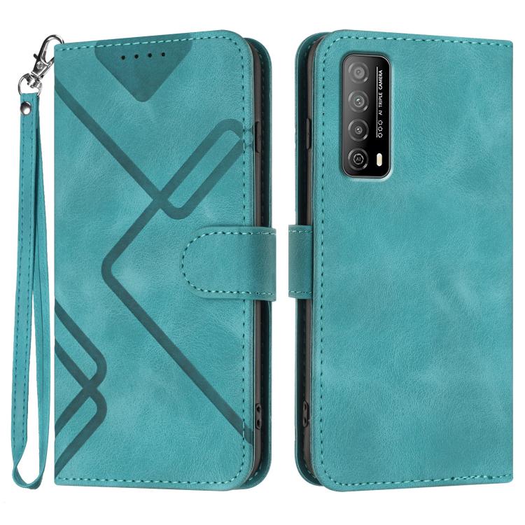 Teal faux leather phone wallet case with geometric line pattern, flip cover, wrist strap
