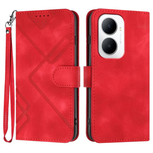 Red folio leather phone case with geometric pattern, magnetic flap, wrist strap, camera cutout.
