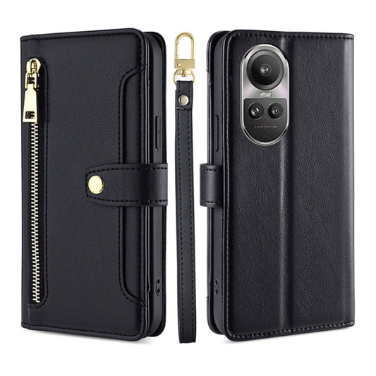 Black leather cross-body phone wallet with zipper, snap tab, and card slots