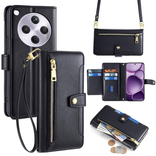 Black leather cross-body zipper wallet phone case with detachable strap and card slots