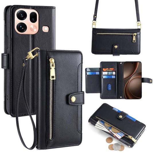 Black leather cross-body zipper wallet phone case with card slots and gold accents