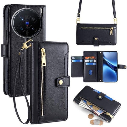 Black leather cross-body zipper wallet phone case with detachable wrist strap