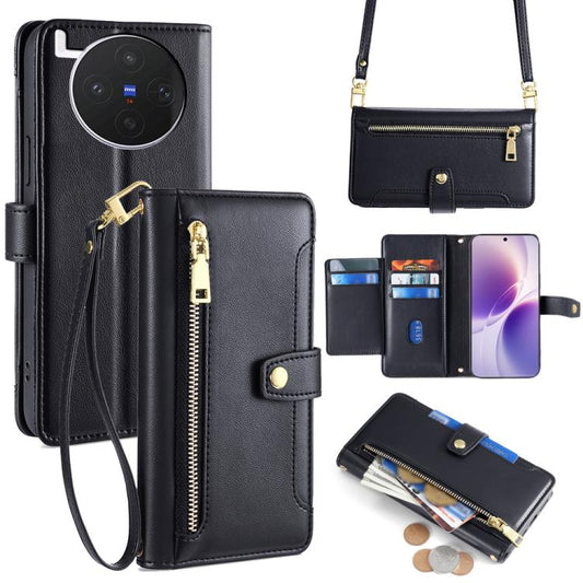 Black leather-look cross-body zipper wallet phone case with card slots and wrist strap