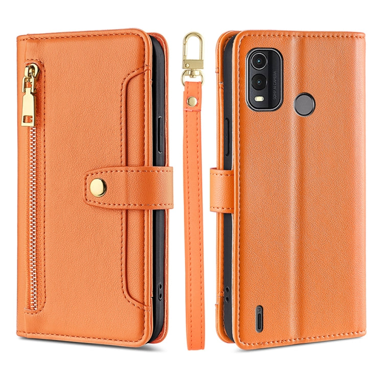 Orange leather phone wallet cross-body case with zipper pocket and magnetic strap