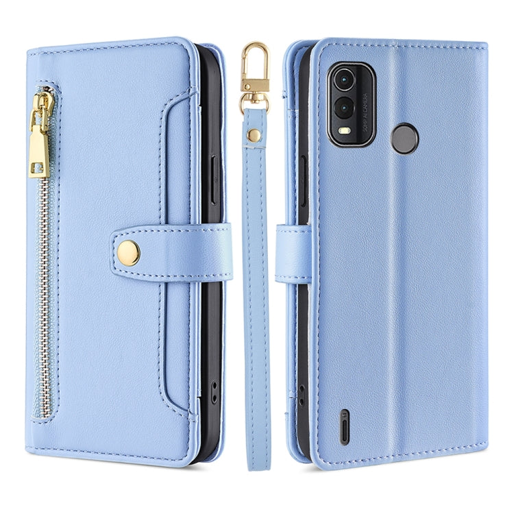 Light blue leather phone wallet cross-body case with magnetic strap and camera window