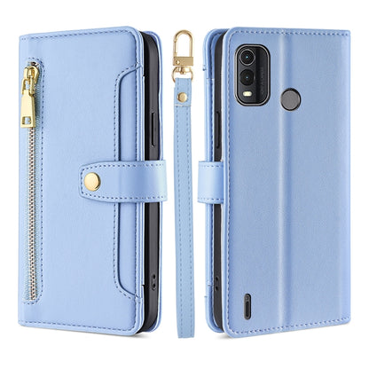 Light blue leather phone wallet cross-body case with magnetic strap and camera window
