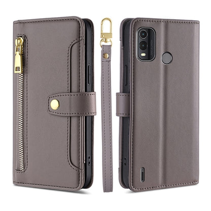 Grey leather phone wallet cross-body case with zipper pocket and phone camera cutout