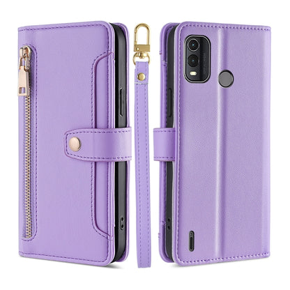 Purple leather cross-body wallet phone case with zipper pocket and card slot