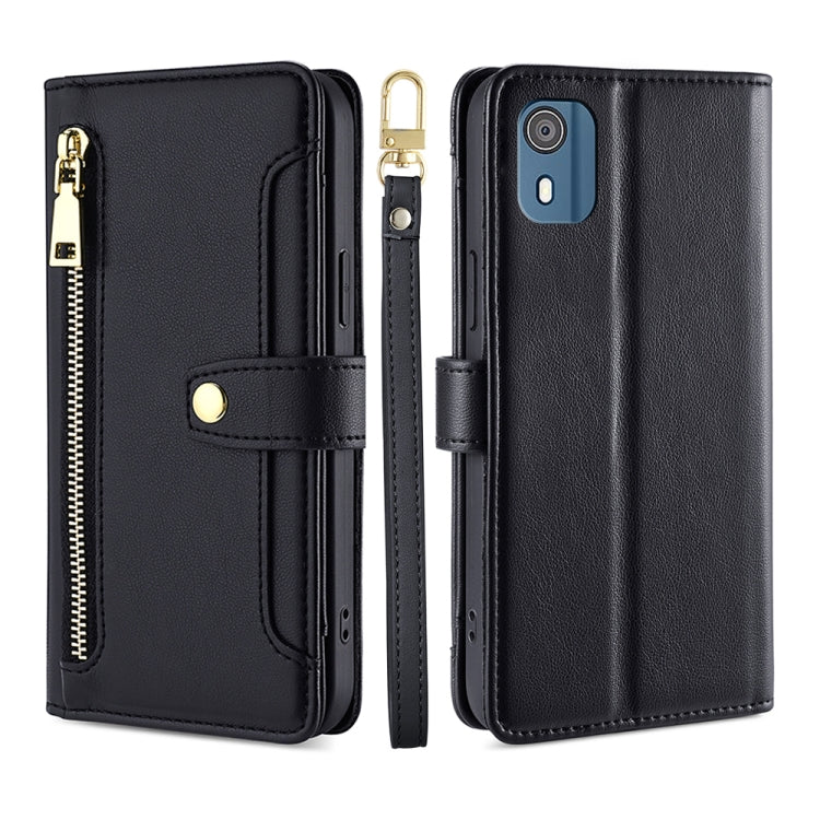 Black leather cross-body zipper wallet phone case with gold hardware and front card slot.