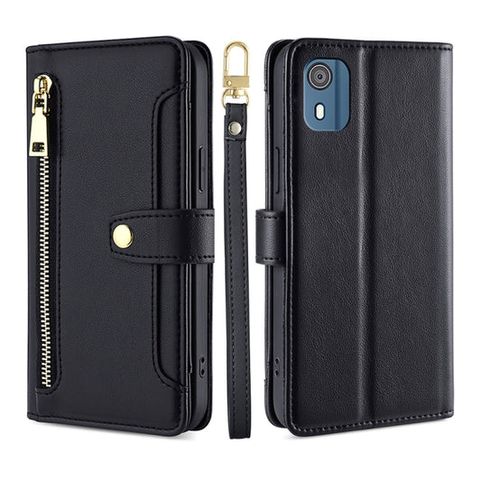 Black leather cross-body zipper wallet phone case with gold hardware and front card slot.