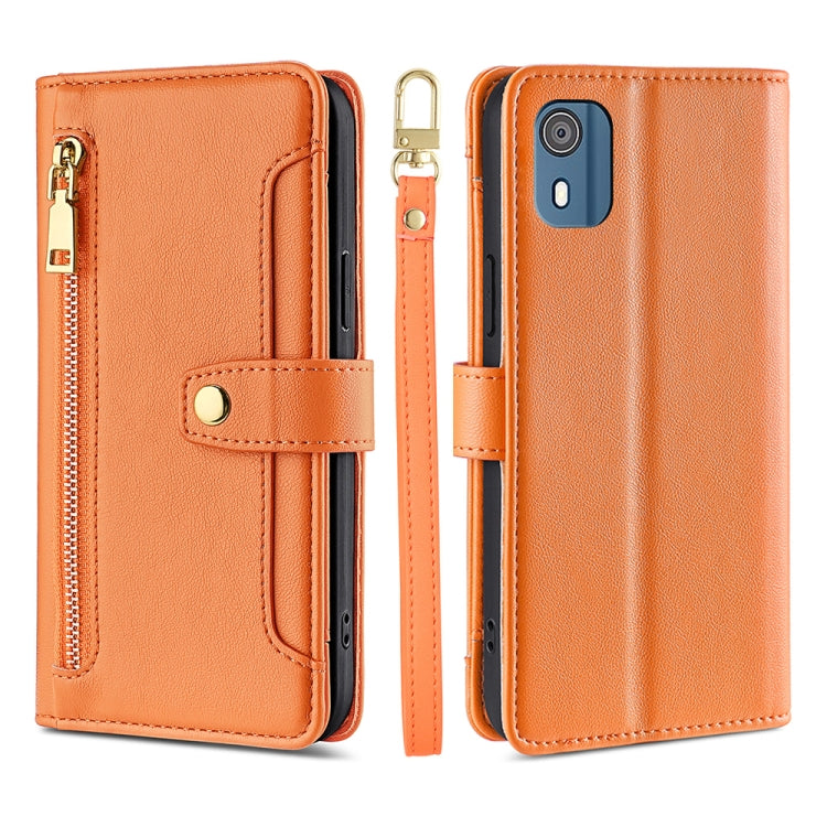 Orange leather cross-body zipper wallet phone case with gold hardware and card slots.