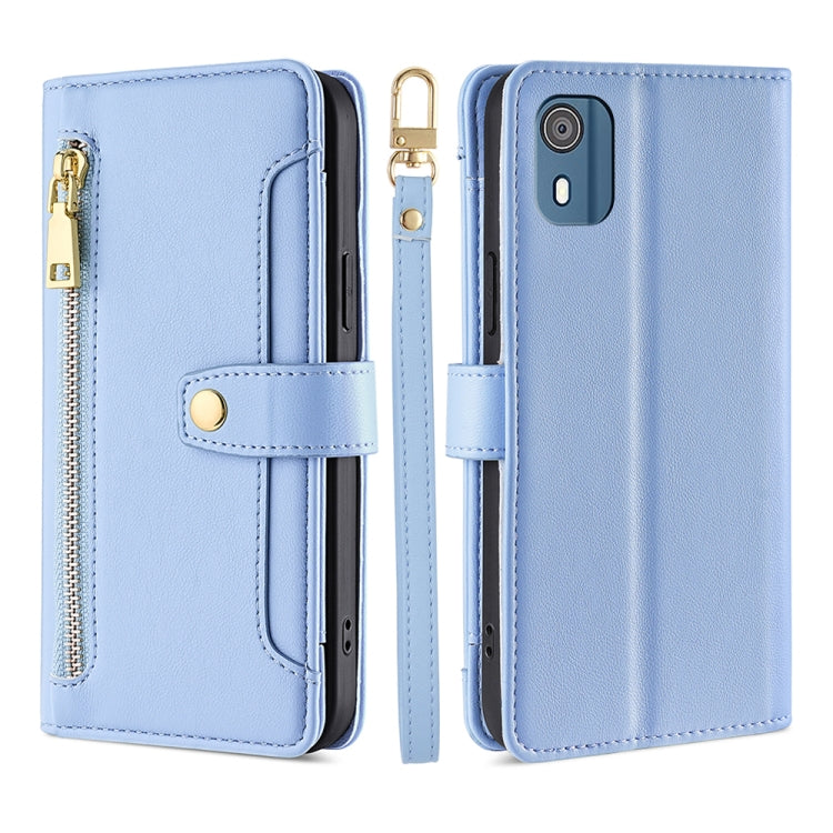 Light blue leather phone wallet cross-body case with zipper and phone camera cutout