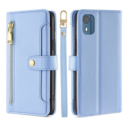 Light blue leather phone wallet cross-body case with zipper and phone camera cutout