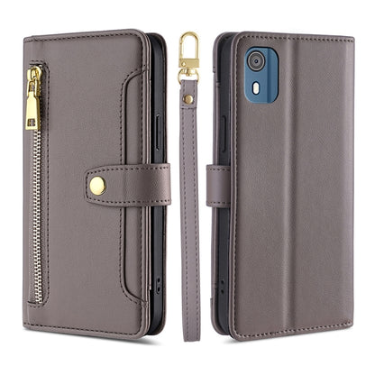 Grey leather phone wallet cross-body case with camera window and magnetic strap