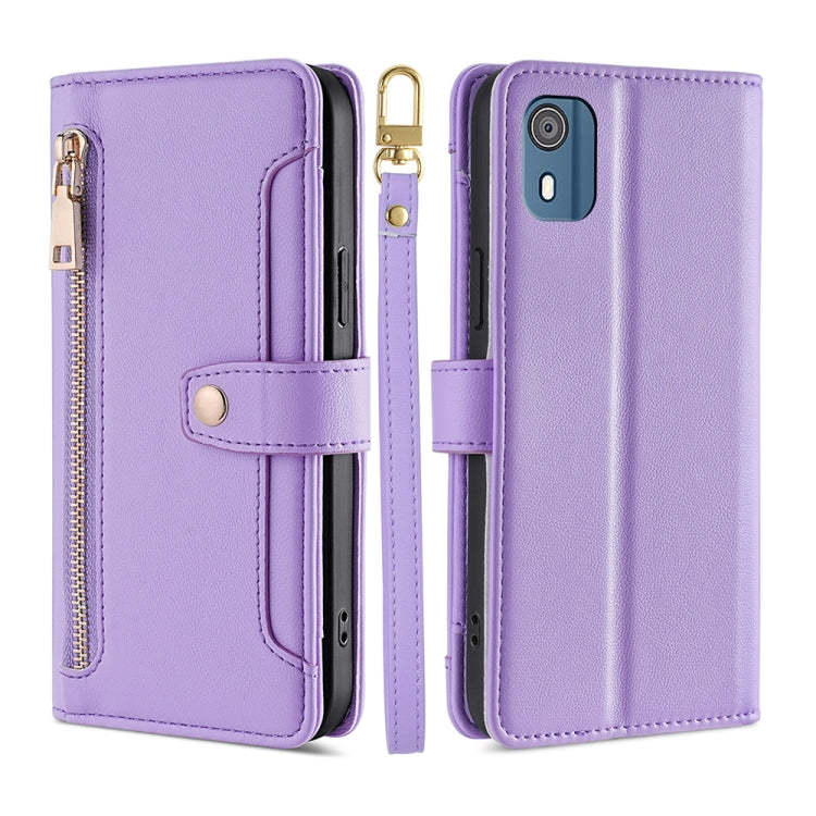 Lilac leather cross-body wallet phone case with flip cover and zipper pocket