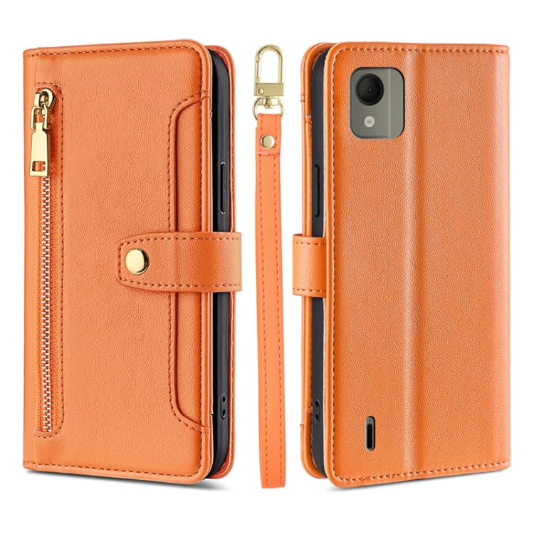 Orange leather cross-body zipper wallet phone case with card slots and flip cover