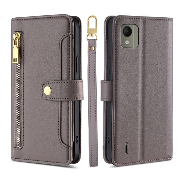 Grey leather cross-body zipper wallet phone case with card slots and flip cover