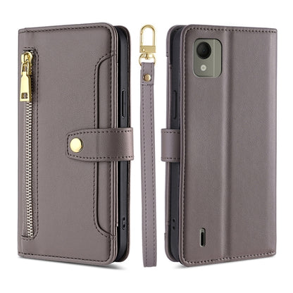 Grey leather cross-body zipper wallet phone case with card slots and flip cover