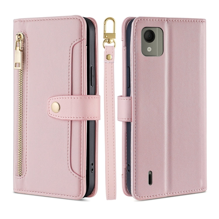 Pink leather cross-body zipper wallet phone case with card slots and flip cover