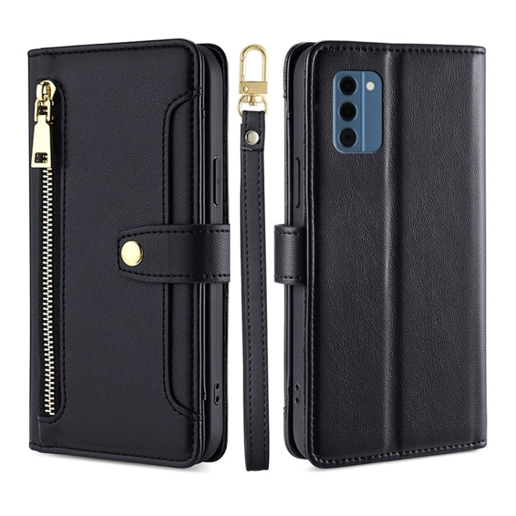 Black leather cross-body wallet phone case with zipper pocket and camera cutout