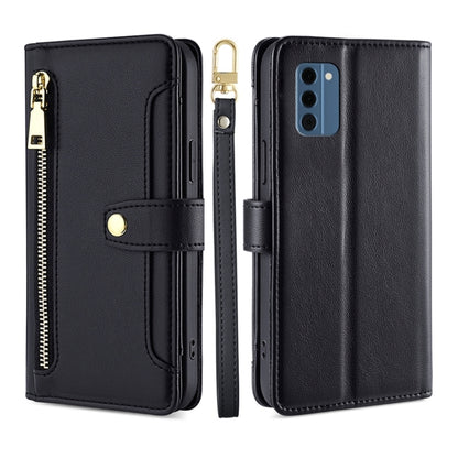 Black leather cross-body wallet phone case with zipper pocket and camera cutout