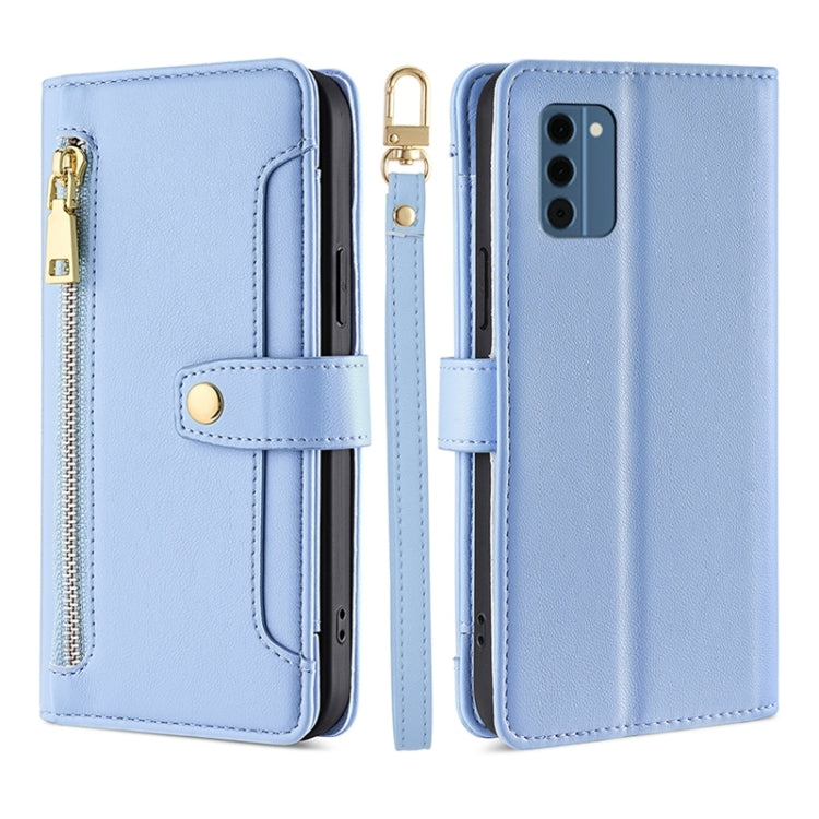 Light blue leather cross-body wallet phone case with zipper pocket and stand
