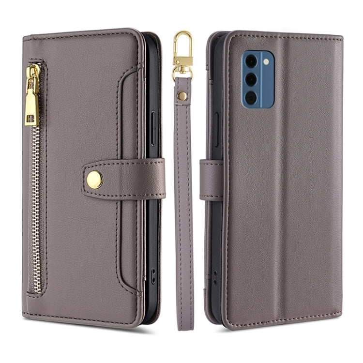 Dark gray leather cross-body wallet phone case with zipper pocket and camera cutout