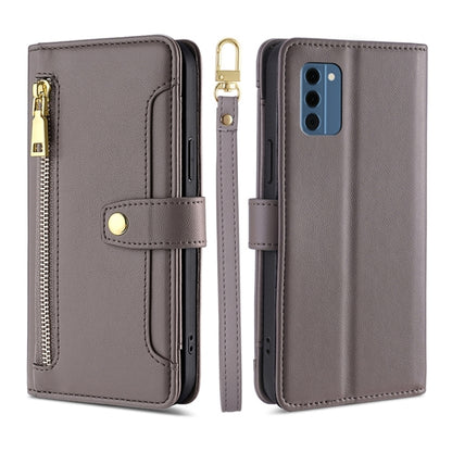 Dark gray leather cross-body wallet phone case with zipper pocket and camera cutout