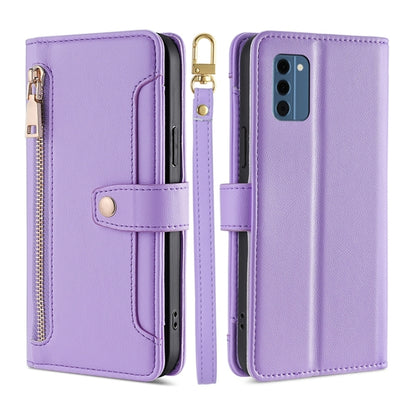 Purple leather cross-body wallet phone case with zipper pocket and camera cutout