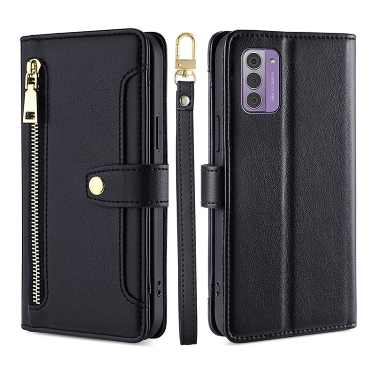 Black leather wallet phone case with multi-camera cutout on a purple phone.