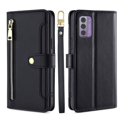 Black leather wallet phone case with multi-camera cutout on a purple phone.