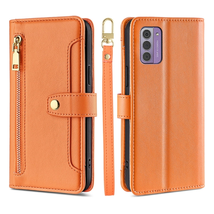 Orange leather phone wallet cross-body case with zipper and phone camera cutout