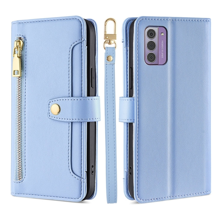 Blue leather phone wallet cross-body case with zipper pocket and magnetic strap