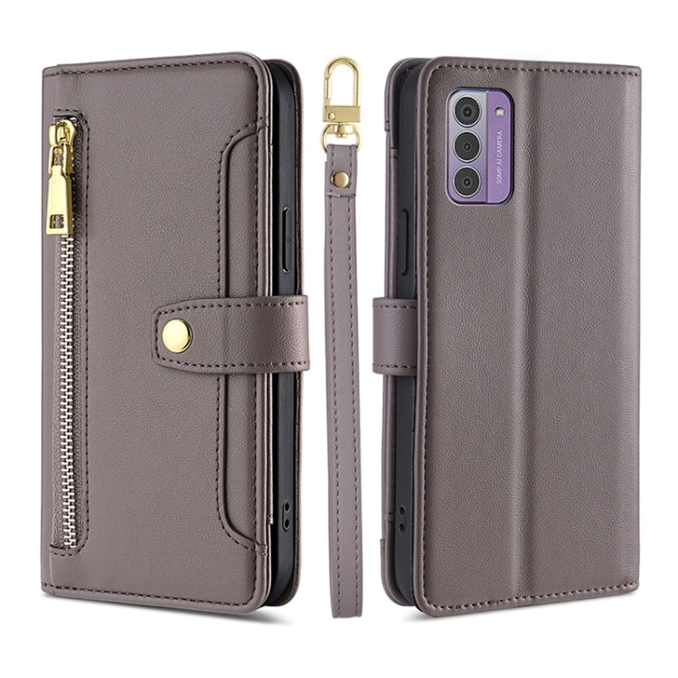 Grey leather phone wallet cross-body case with zipper pocket and magnetic strap