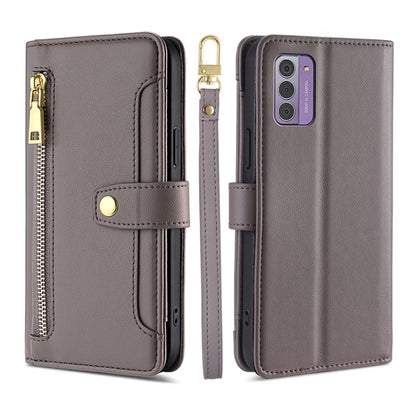 Grey leather phone wallet cross-body case with zipper pocket and magnetic strap