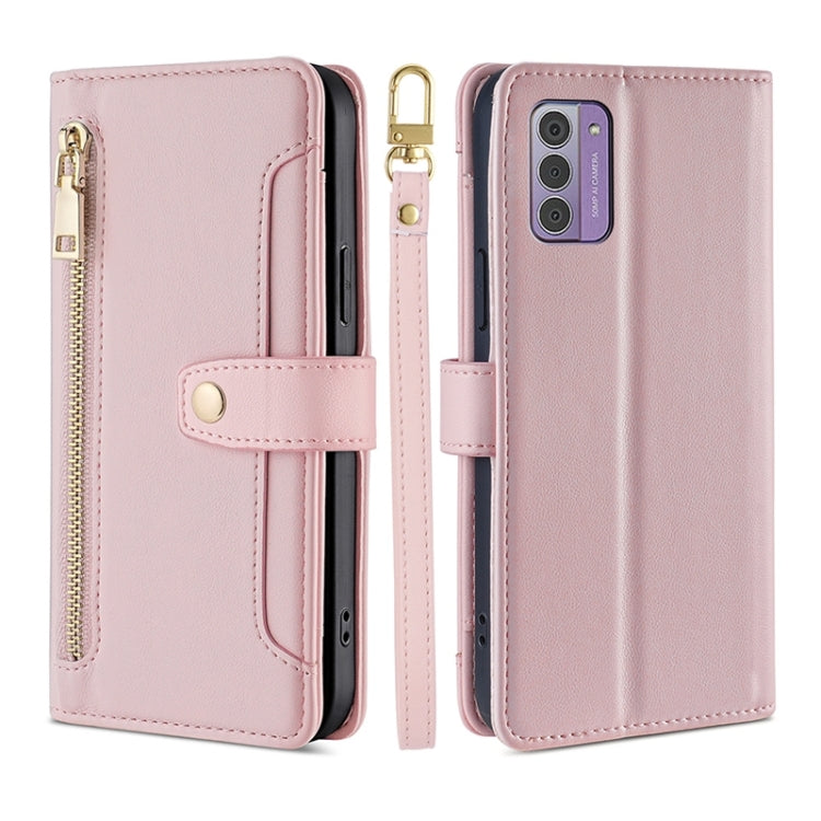 Pink leather phone wallet cross-body case with camera cutout and zipper pocket