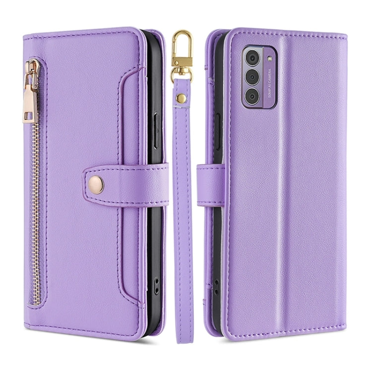 Lavender leather cross-body wallet phone case with zipper and camera cutout
