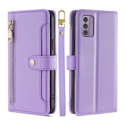 Lavender leather cross-body wallet phone case with zipper and camera cutout
