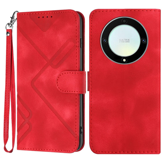 Red line-pattern leather wallet phone case with wrist strap and magnetic flap