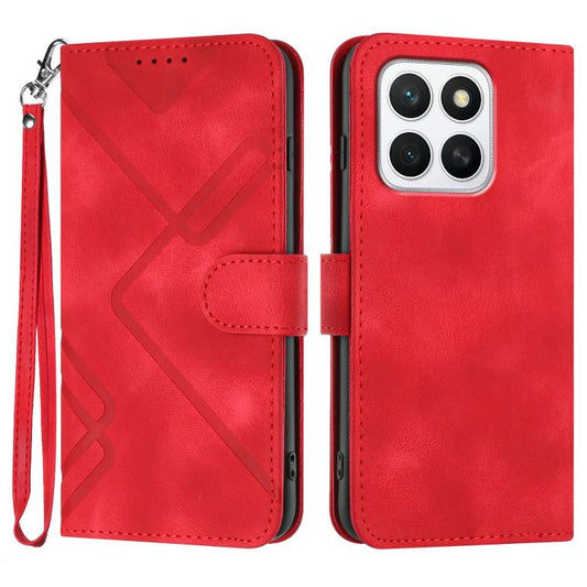 Red leather-look flip phone case with line pattern, wrist strap, and card-slot flap