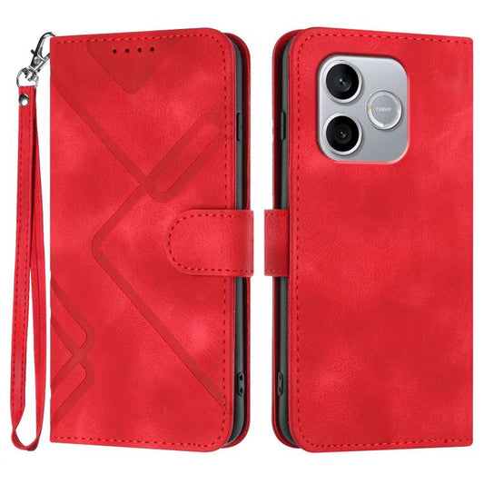 Red leather phone case with flip cover, line pattern, wrist strap, and cutouts