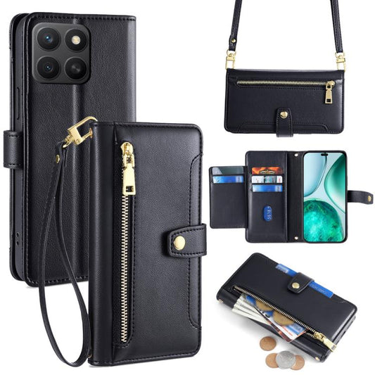 Black leather cross-body zipper wallet phone case with wrist strap and card slots