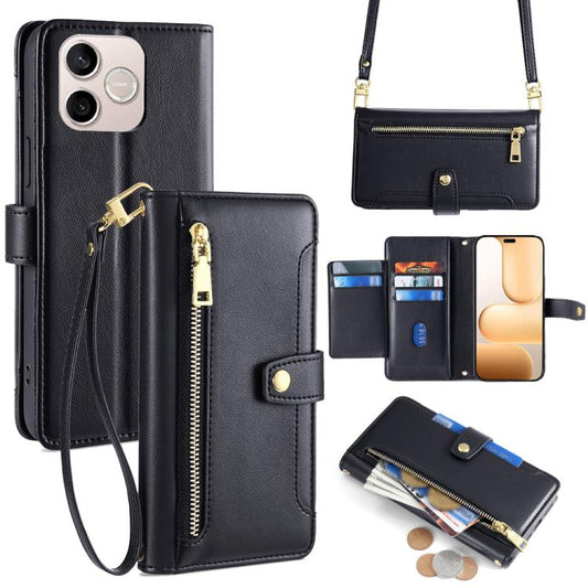 Black leather phone wallet cross-body case with zip pocket and card slots.