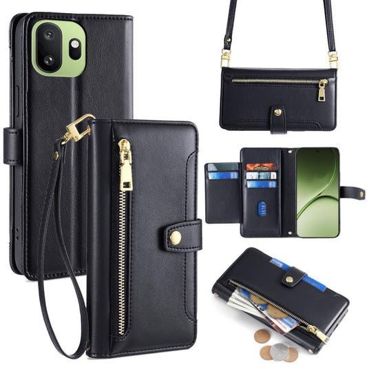 Black leather-look cross-body zipper phone wallet case with card slots and wrist strap
