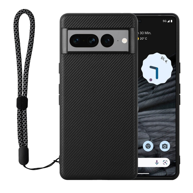 Black carbon-fiber texture phone case with lanyard and camera cutouts for Pixel